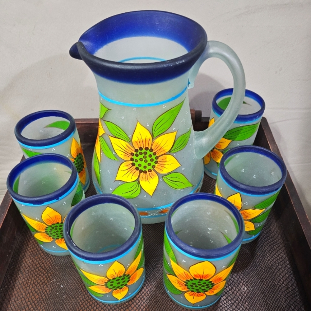 Rodolfo Pila Handcrafted Sunflower pitcher and glasses